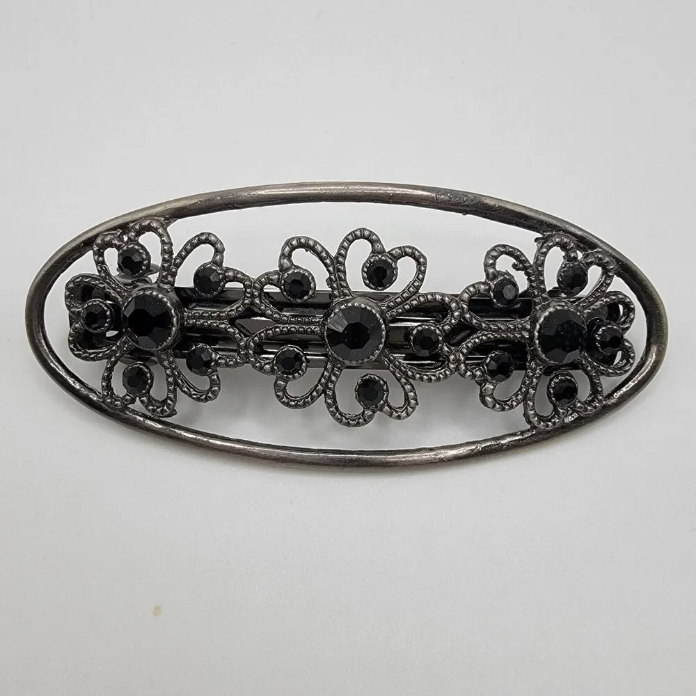 Metal Hair Clip Black Rhinestone Hair Women’s Floral Metal Silver‎ Tone
